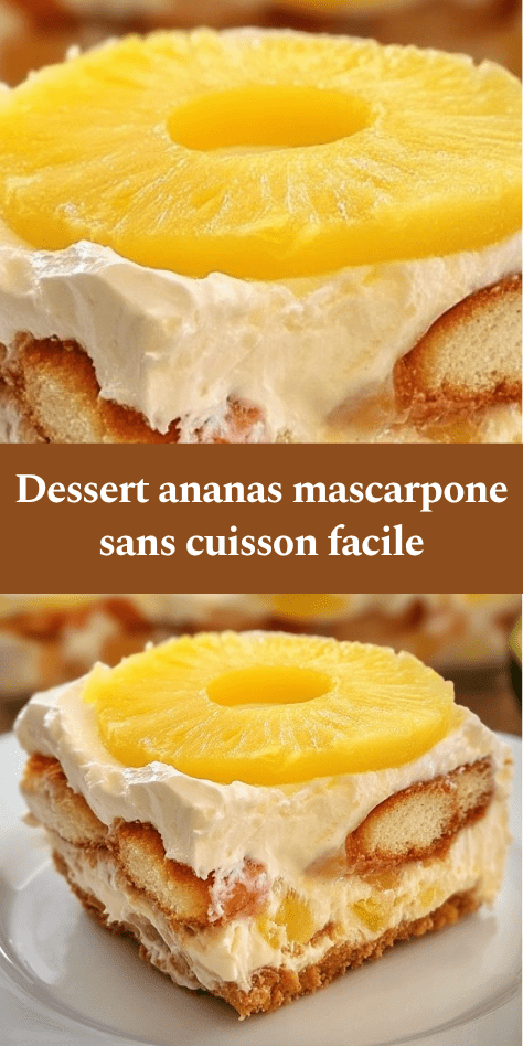 Dessert sans cuisson à l’ananas et mascarpone en verrine, couches de biscuits imbibés, crème onctueuse et morceaux d’ananas frais.