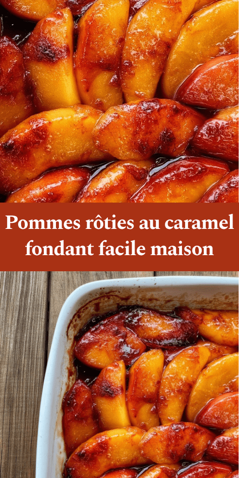 Pommes rôties au caramel fondant doré, quartiers de pommes tendres nappés d’une sauce brillante et servies chaudes en dessert.