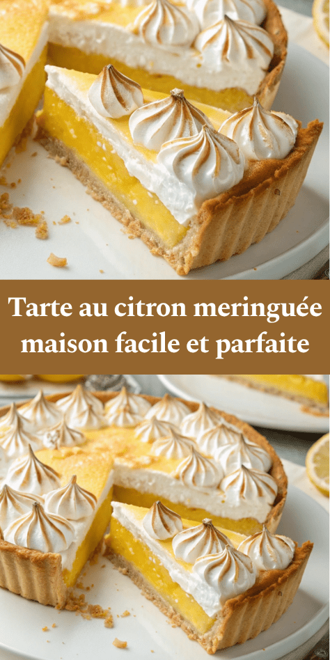Tarte au citron meringuée maison avec crème citron lisse, meringue dorée et pâte sablée croustillante, présentée sur un plat élégant.