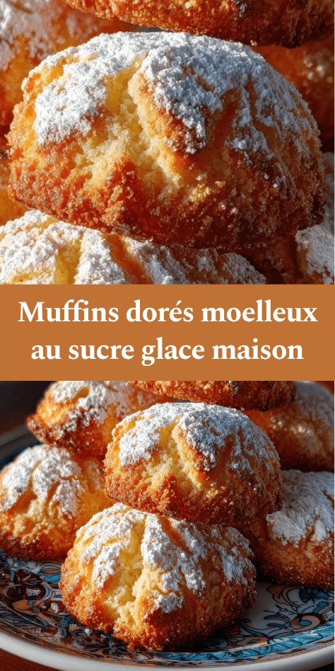Muffins dorés et moelleux saupoudrés de sucre glace, avec une mie légère et aérée, disposés sur une grille après cuisson.