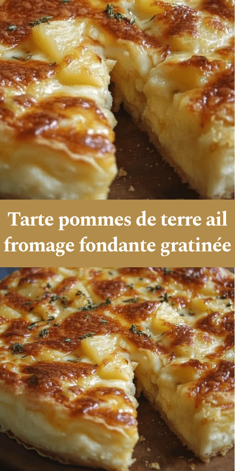 Tarte aux pommes de terre fondantes avec fromage gratiné doré et fines rondelles de pommes de terre, légèrement dorée au four dans un moule.