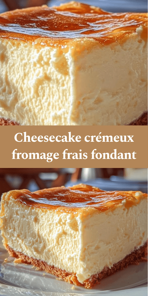 Cheesecake crémeux au fromage frais avec base biscuitée croustillante, surface légèrement dorée et cœur fondant, servi en part sur une assiette.