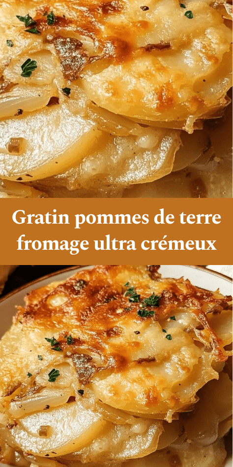 Gratin de pommes de terre au fromage doré au four avec couches fondantes, surface gratinée et texture crémeuse dans un plat.