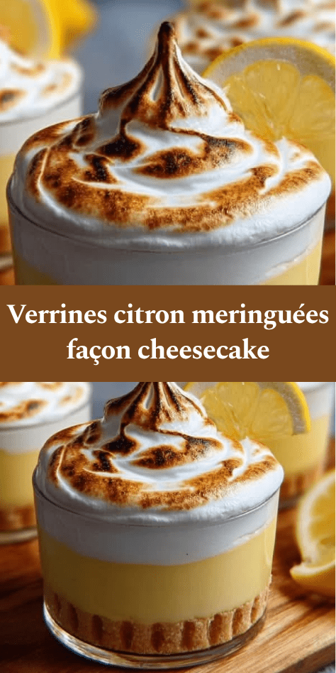 Verrines citron avec base biscuitée, crème citron onctueuse et meringue dorée au chalumeau, présentées en portions individuelles élégantes.