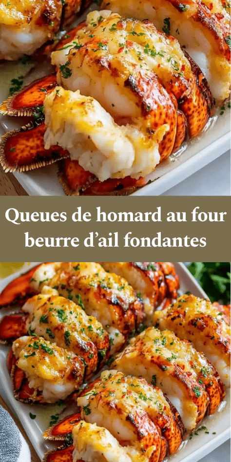 Queues de homard au four nappées de beurre d’ail, chair tendre et légèrement dorée, servies avec persil frais et citron.