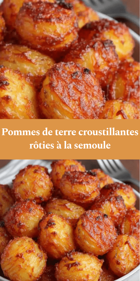 Plat de pommes de terre rôties à la semoule, bien dorées et ultra croustillantes, assaisonnées d’ail, de thym et de paprika, servies chaudes dans un plat rustique.