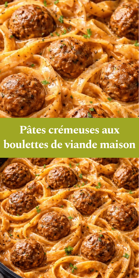 Assiette de pâtes crémeuses nappées de sauce tomate et crème, accompagnées de boulettes de viande dorées, parmesan râpé et persil frais.