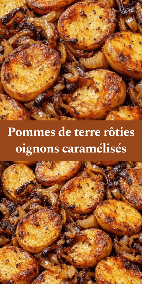 Pommes de terre rôties dorées au four avec des oignons caramélisés fondants, assaisonnées au paprika et au thym, servies dans un plat rustique.