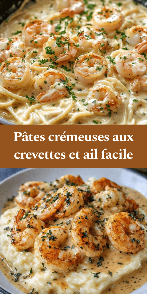 Assiette de pâtes crémeuses aux crevettes dorées et ail, nappées de sauce onctueuse au parmesan, garnies de persil frais et zestes de citron.