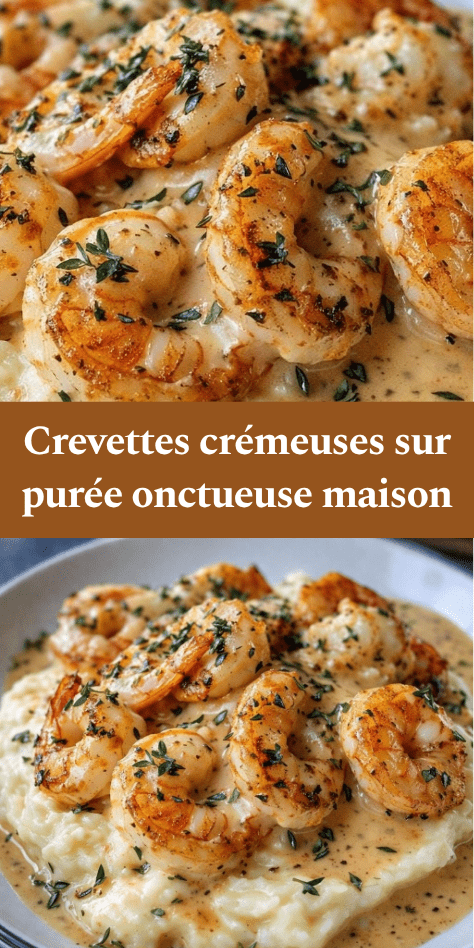 Assiette de purée de pommes de terre onctueuse garnie de crevettes crémeuses dorées nappées d’une sauce crémeuse à l’ail, décorée de persil frais.