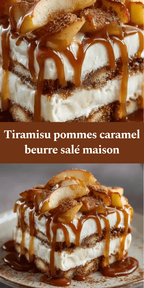 Verrine de tiramisu pommes fondantes et caramel beurre salé, composée de couches de crème mascarpone, biscuits imbibés et pommes caramélisées.