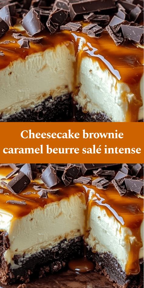 Cheesecake brownie au chocolat avec couche crémeuse et nappage caramel beurre salé coulant, décoré de morceaux de chocolat noir.
