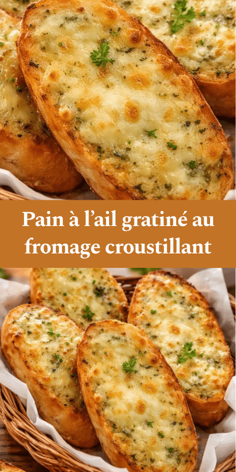 Pain à l’ail gratiné au fromage servi chaud sur une planche en bois, avec croûte dorée et croustillante, fromage fondu, persil frais et texture moelleuse à l’intérieur.