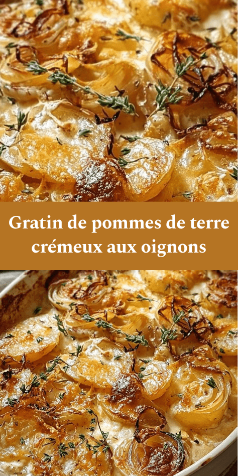 Gratin de pommes de terre crémeux aux oignons servi dans un plat doré au four, avec couches fondantes de pommes de terre, oignons parfumés et fromage gratiné sur le dessus.
