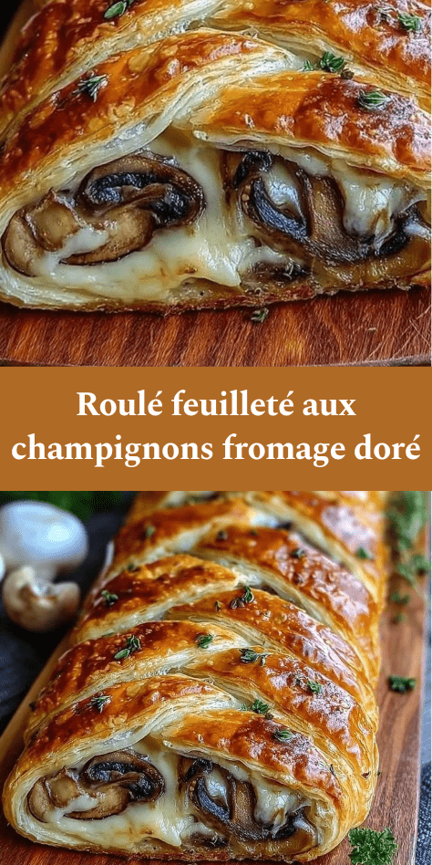 Roulé feuilleté aux champignons et fromage coupé en tranches, pâte dorée et croustillante, garniture fondante aux champignons crémeux et fromage filant, présenté sur une planche en bois.