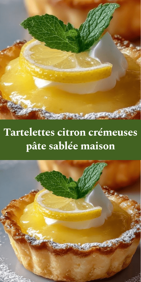 Tartelettes citron crémeuses avec pâte sablée dorée, garnies d’une crème citron lisse et brillante, décorées de chantilly et de zestes de citron frais.