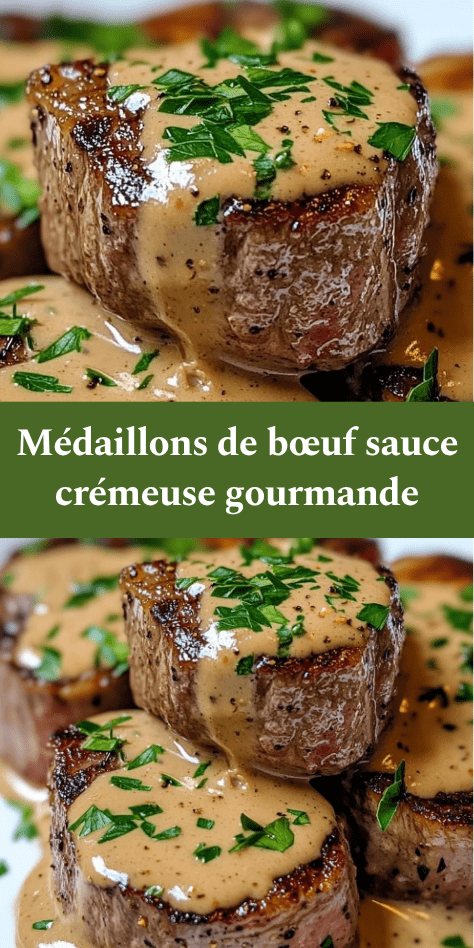 Médaillons de bœuf nappés de sauce crémeuse dans une assiette élégante, viande saisie et juteuse, garnie de persil frais avec une texture fondante.