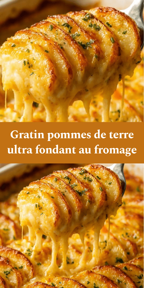 Gratin de pommes de terre au fromage ultra fondant servi chaud, avec couches crémeuses, fromage filant et croûte dorée croustillante.