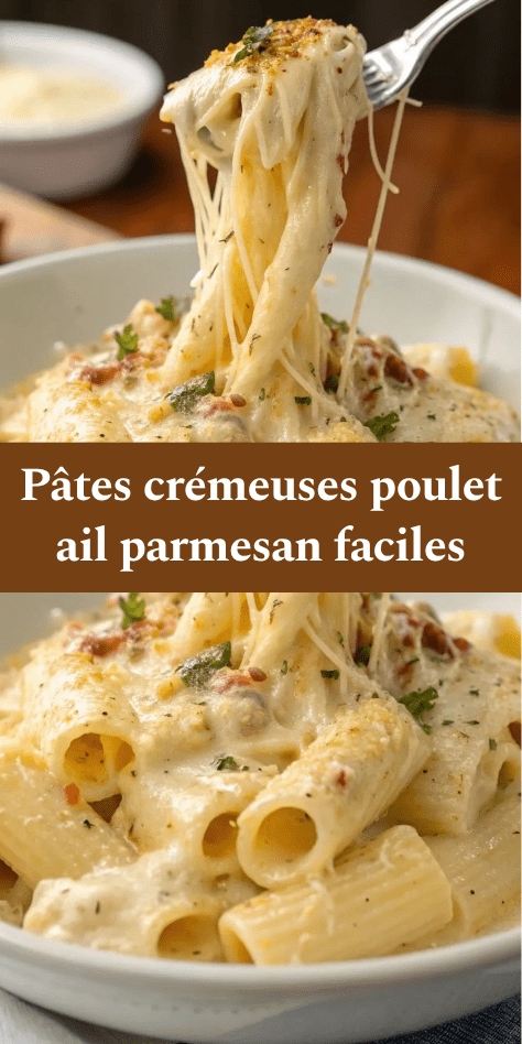 Pâtes crémeuses au poulet, ail et parmesan servies chaudes, avec sauce onctueuse, morceaux de poulet dorés et persil frais sur le dessus.
