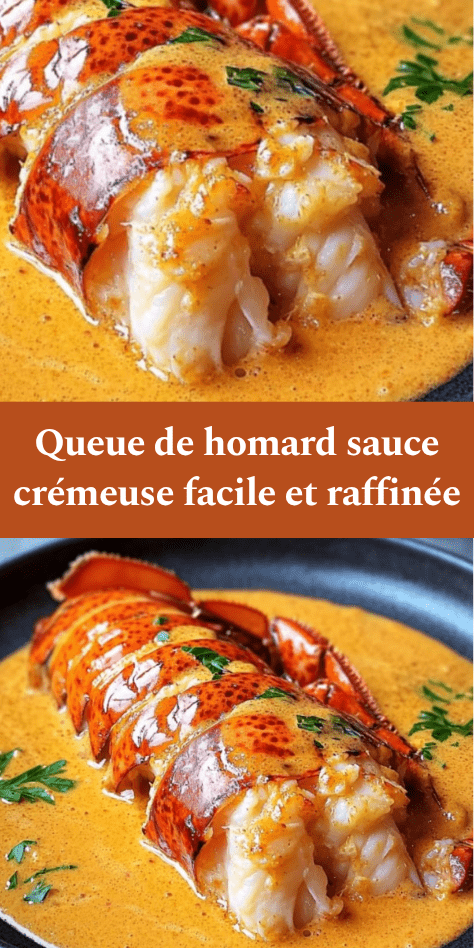 Queue de homard nappée de sauce crémeuse, chair tendre légèrement dorée, présentée sur une assiette élégante avec persil frais.