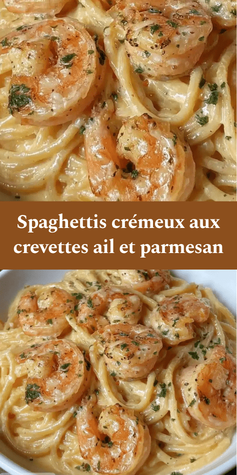 Spaghettis crémeux aux crevettes et à l’ail servis chauds, avec sauce onctueuse, crevettes rosées et persil frais en garniture.