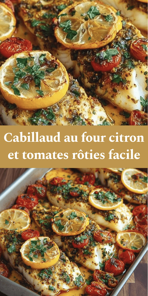 Filets de cabillaud cuits au four avec tomates cerises rôties, rondelles de citron et persil frais, présentés dans un plat doré et appétissant.