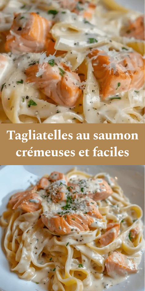 Assiette de tagliatelles au saumon nappées d’une sauce à la crème onctueuse, parsemées de parmesan râpé et d’herbes fraîches, servies chaudes dans une ambiance élégante.