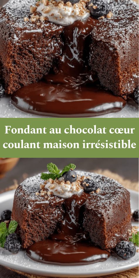 Fondant au chocolat individuel au cœur coulant, servi tiède dans une assiette élégante, avec une texture moelleuse à l’extérieur et un centre chocolaté fondant.