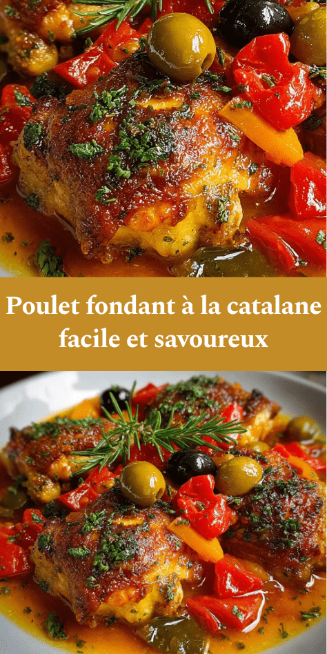 Plat de poulet fondant à la catalane avec cuisses dorées, poivrons colorés, olives et sauce tomate parfumée, servi chaud dans une cocotte rustique.