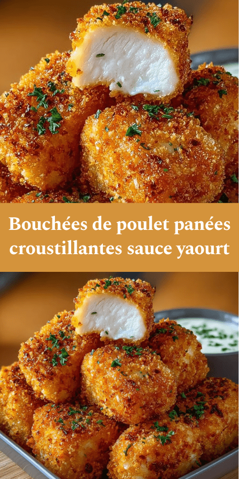 Bouchées de poulet panées dorées et croustillantes servies avec une sauce yaourt crémeuse aux herbes, présentées dans une assiette moderne.