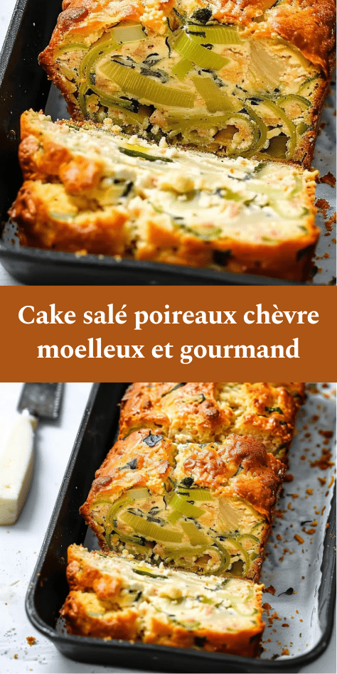 Tranches de cake salé aux poireaux et fromage de chèvre, texture moelleuse avec morceaux fondants, servies sur une planche avec herbes fraîches.