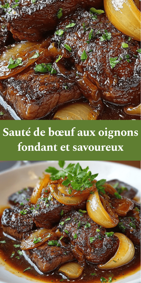 Sauté de bœuf aux oignons caramélisés nappé d’une sauce brillante, servi chaud avec du persil frais dans une poêle rustique.
