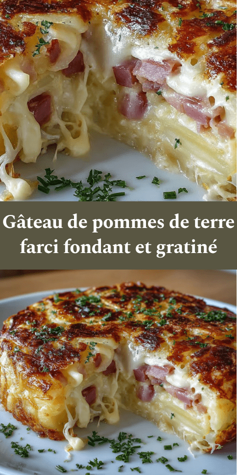 Gâteau de pommes de terre farci au fromage fondant et jambon, avec une croûte dorée et croustillante, servi chaud dans un plat au four.