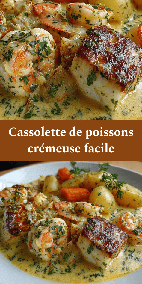 Cassolette de poissons avec morceaux de cabillaud, crevettes, légumes fondants et sauce crémeuse, servie chaude dans un plat individuel élégant.