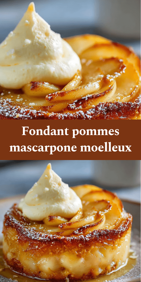 Gâteau fondant aux pommes et mascarpone avec morceaux de pommes caramélisées et texture moelleuse, servi tiède sur une assiette élégante.