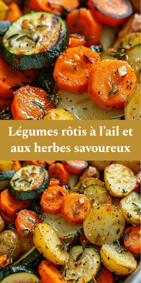 Plateau de légumes rôtis au four avec pommes de terre, carottes, courgettes et oignons dorés, parfumés à l’ail et aux herbes.
