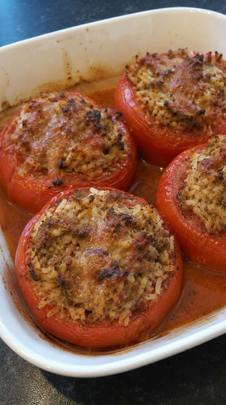 Tomates farcies maison gratinées au four avec viande hachée, riz et persil dans un plat familial rustique