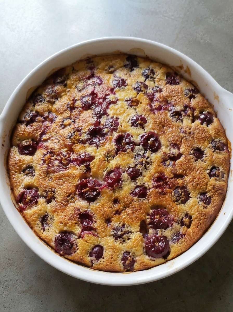 Clafoutis aux cerises maison doré et moelleux dans un plat rustique avec cerises fraîches et sucre légèrement caramélisé