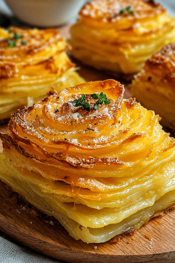 Millefeuilles de pommes de terre croustillants au fromage, dorés au four avec parmesan, ail, thym et persil frais.