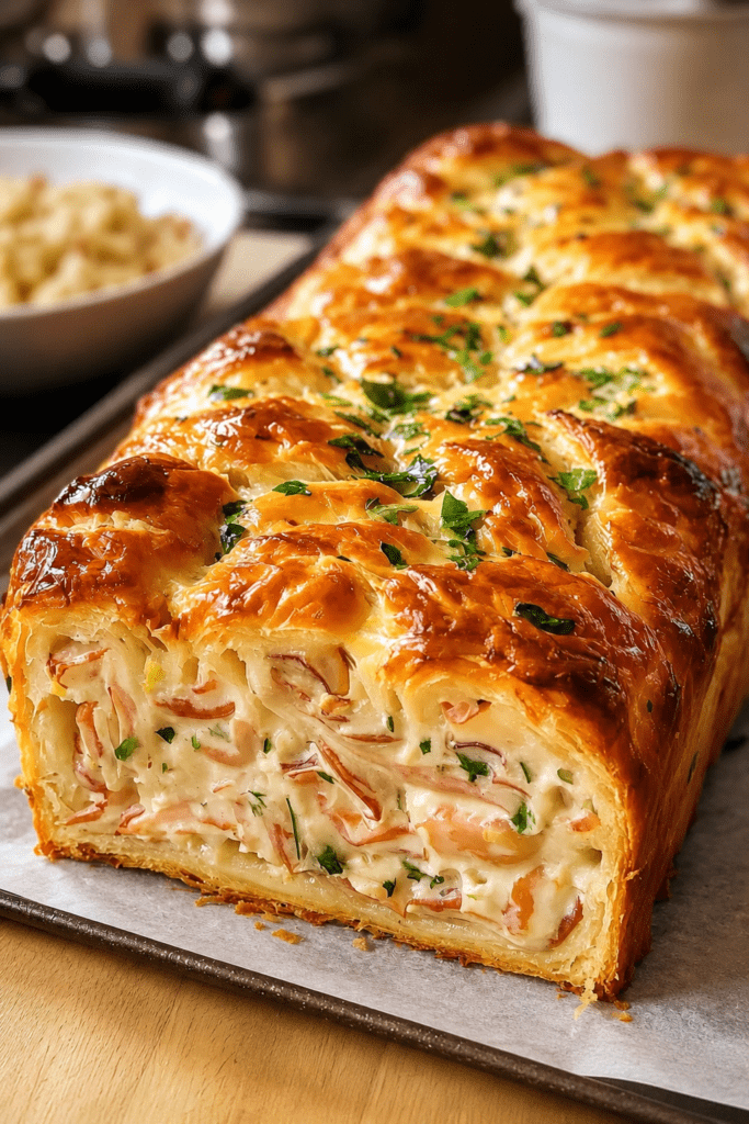 Pain au thon feuilleté doré et croustillant, garni d’une préparation crémeuse au thon, fromage frais, persil et fromage râpé.