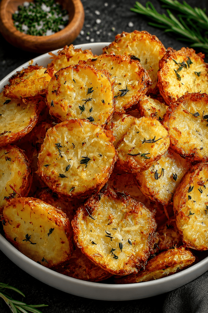Pommes de terre rôties croustillantes à l’ail, aux herbes et au parmesan, dorées au four et servies avec du persil frais.