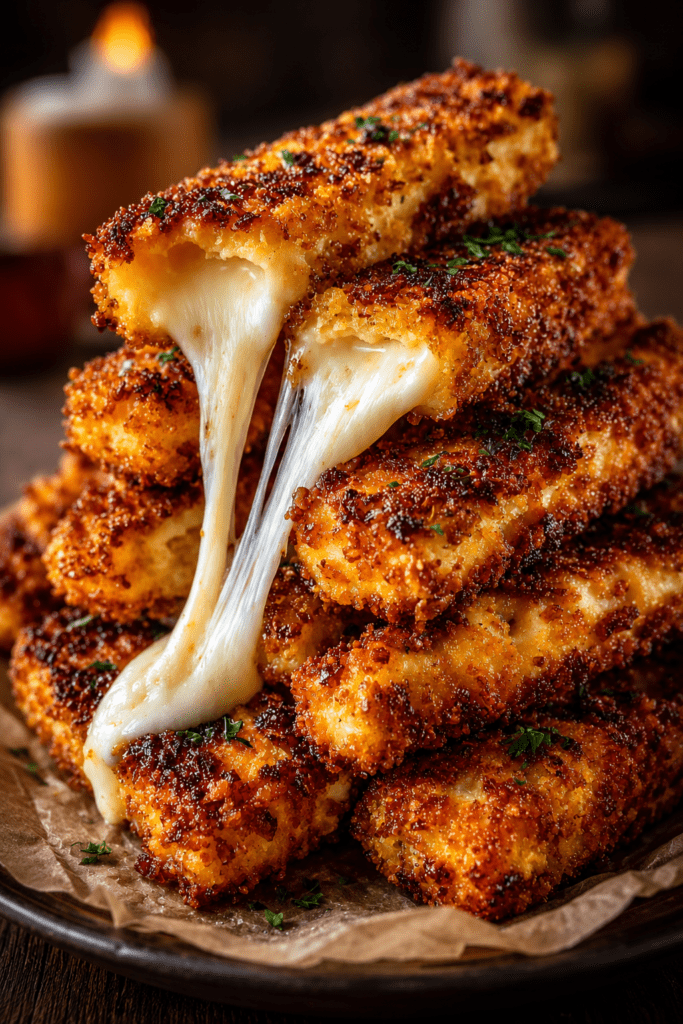 Bâtonnets de fromage croustillants et dorés avec cœur fondant, servis chauds avec une sauce tomate maison.