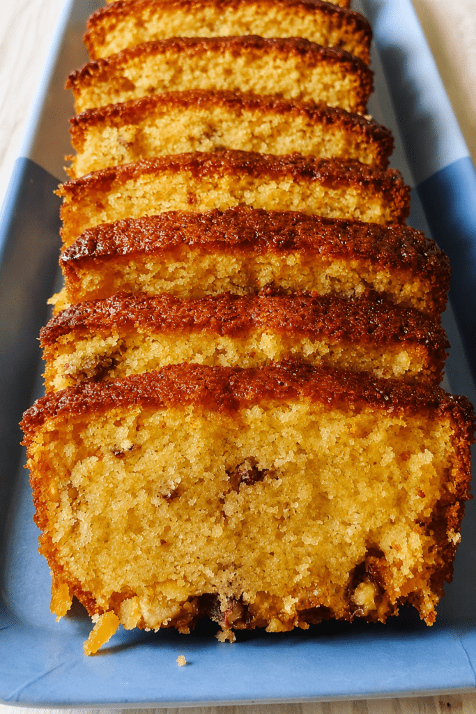 Cake à l’orange, miel et noix coupé en tranches, moelleux et doré, servi avec un sirop parfumé à l’orange.