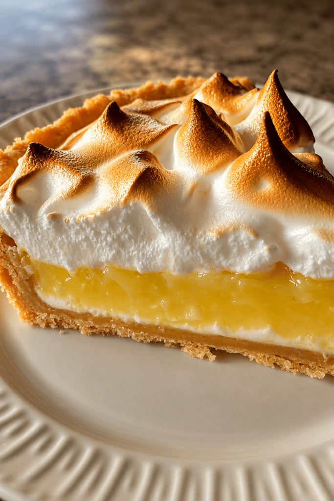 Tarte au citron meringuée maison avec crème citron lisse, meringue dorée au chalumeau et pâte sablée croustillante.