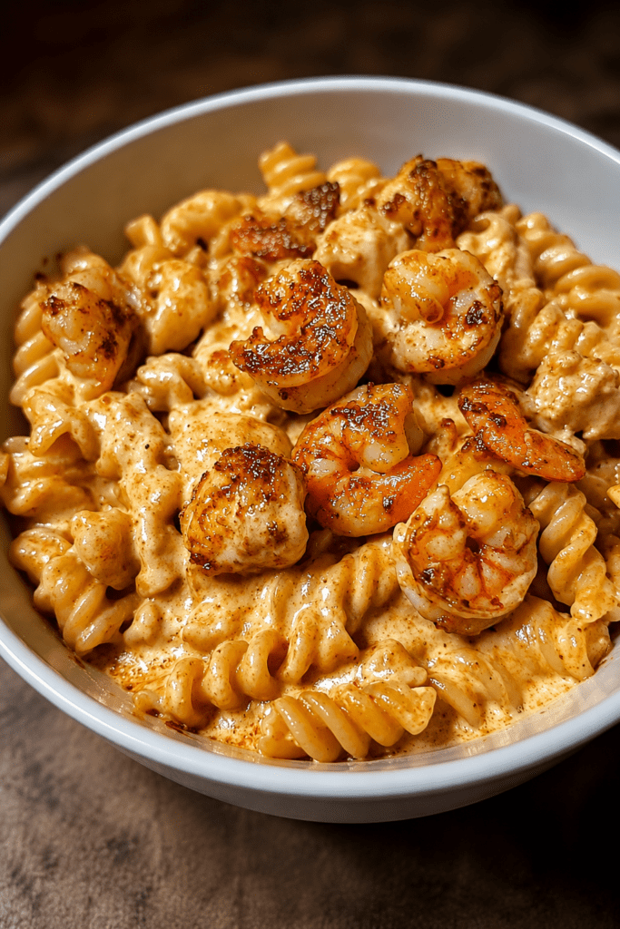 Assiette de pâtes crémeuses aux crevettes cajun avec crevettes dorées, sauce onctueuse, fromage fondu et persil frais.