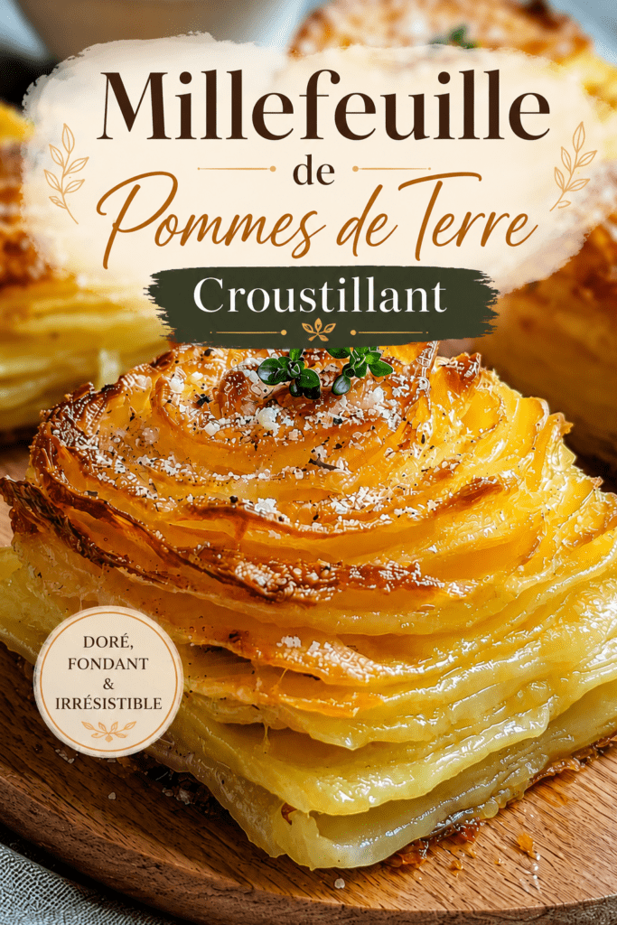 Millefeuilles de pommes de terre croustillants au fromage, dorés au four avec parmesan, ail, thym et persil frais.