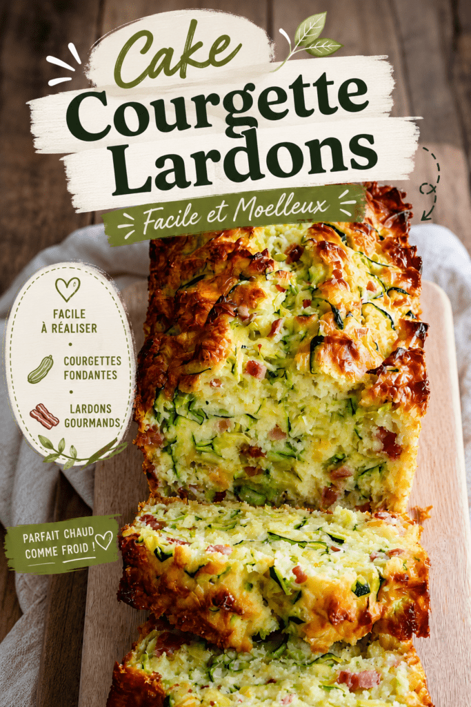 Cake courgette lardons moelleux coupé en tranches, avec fromage râpé, herbes et une texture dorée.
