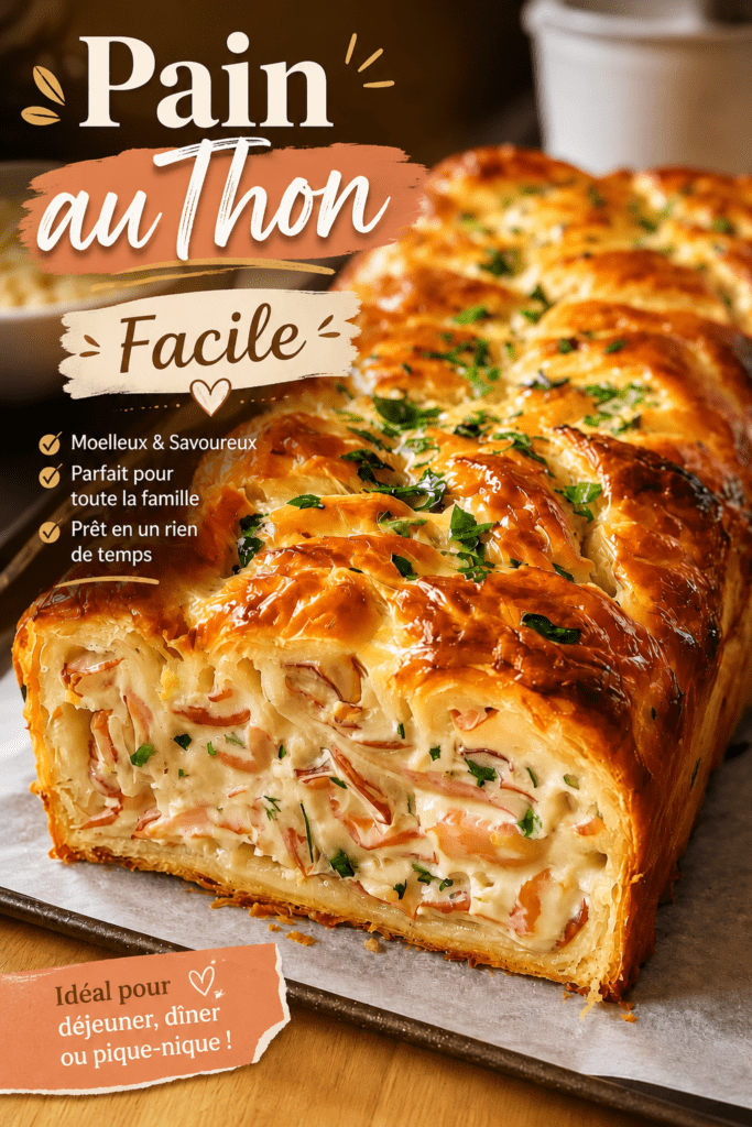 Pain au thon feuilleté doré et croustillant, garni d’une préparation crémeuse au thon, fromage frais, persil et fromage râpé.