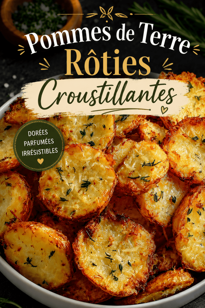 Pommes de terre rôties croustillantes à l’ail, aux herbes et au parmesan, dorées au four et servies avec du persil frais.