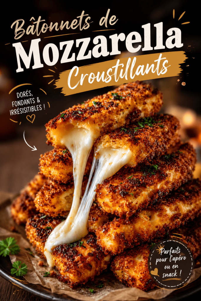 Bâtonnets de fromage croustillants et dorés avec cœur fondant, servis chauds avec une sauce tomate maison.